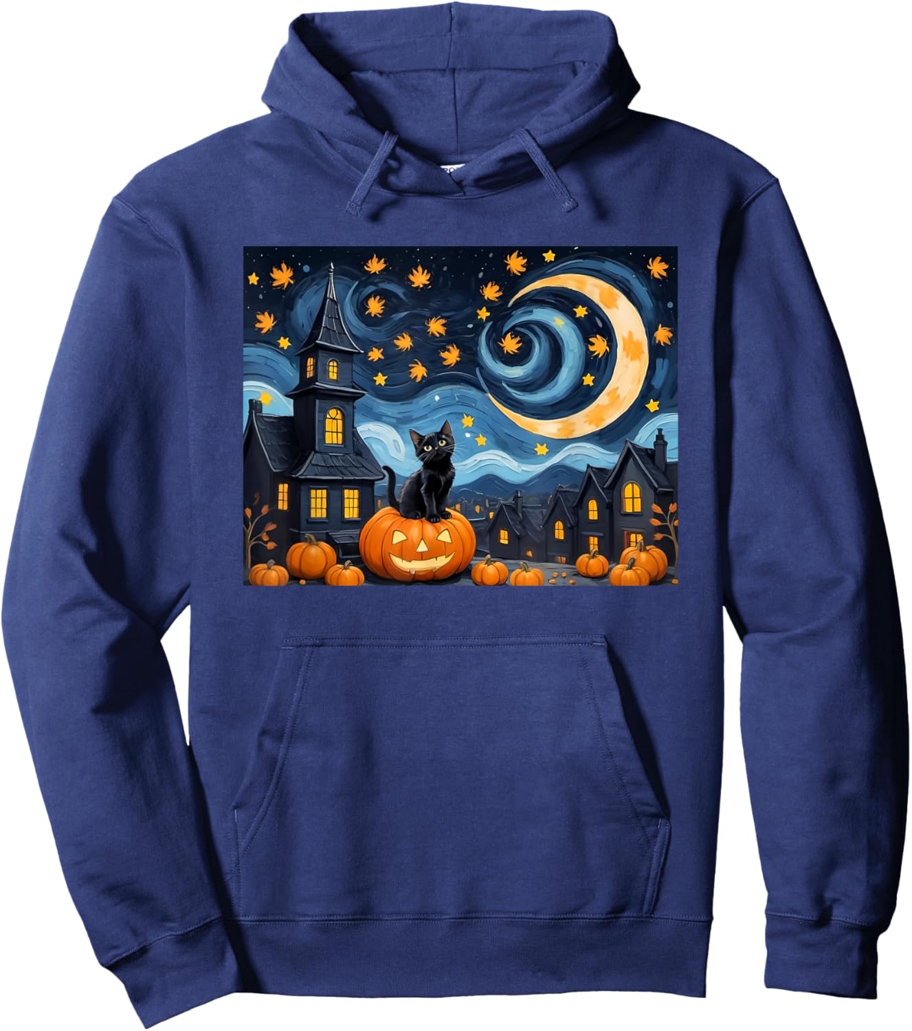 Halloween Van Gogh Starry Night Black Cat Pumpkin Vintage Men Women Kids Hoodie - Hoodie | Navy
