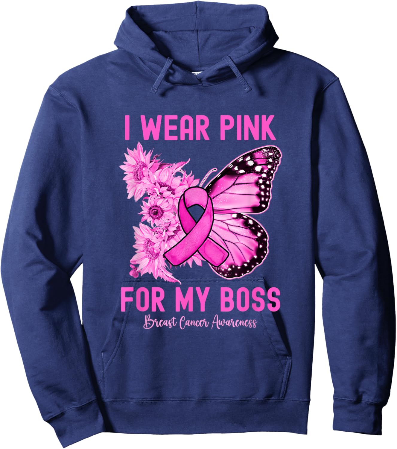 I Wear Pink For My Boss Butterfly Breast Cancer Awareness Hoodie - Hoodie | Navy