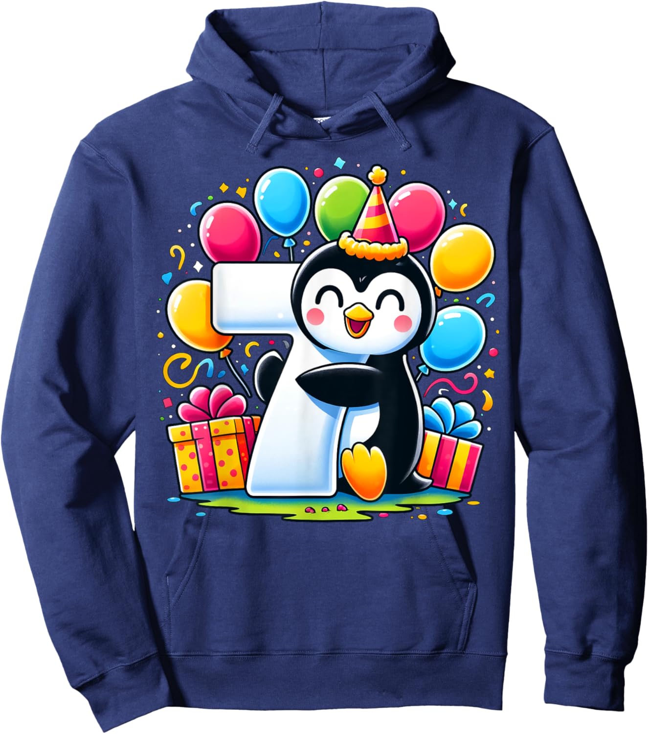 Kids Penguin Theme seventh Bday Party 7th Penguin Birthday Hoodie - Hoodie | Navy