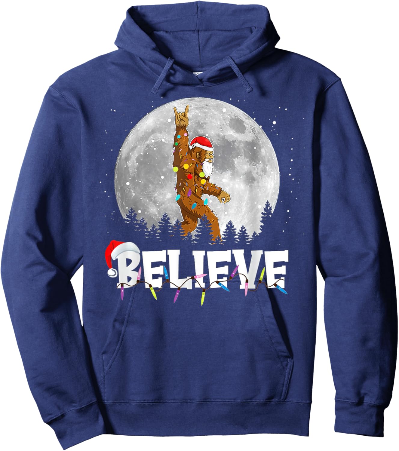 Santa Bigfoot Christmas Light Funny Sasquatch Believe Xmas Hoodie - Hoodie | Navy