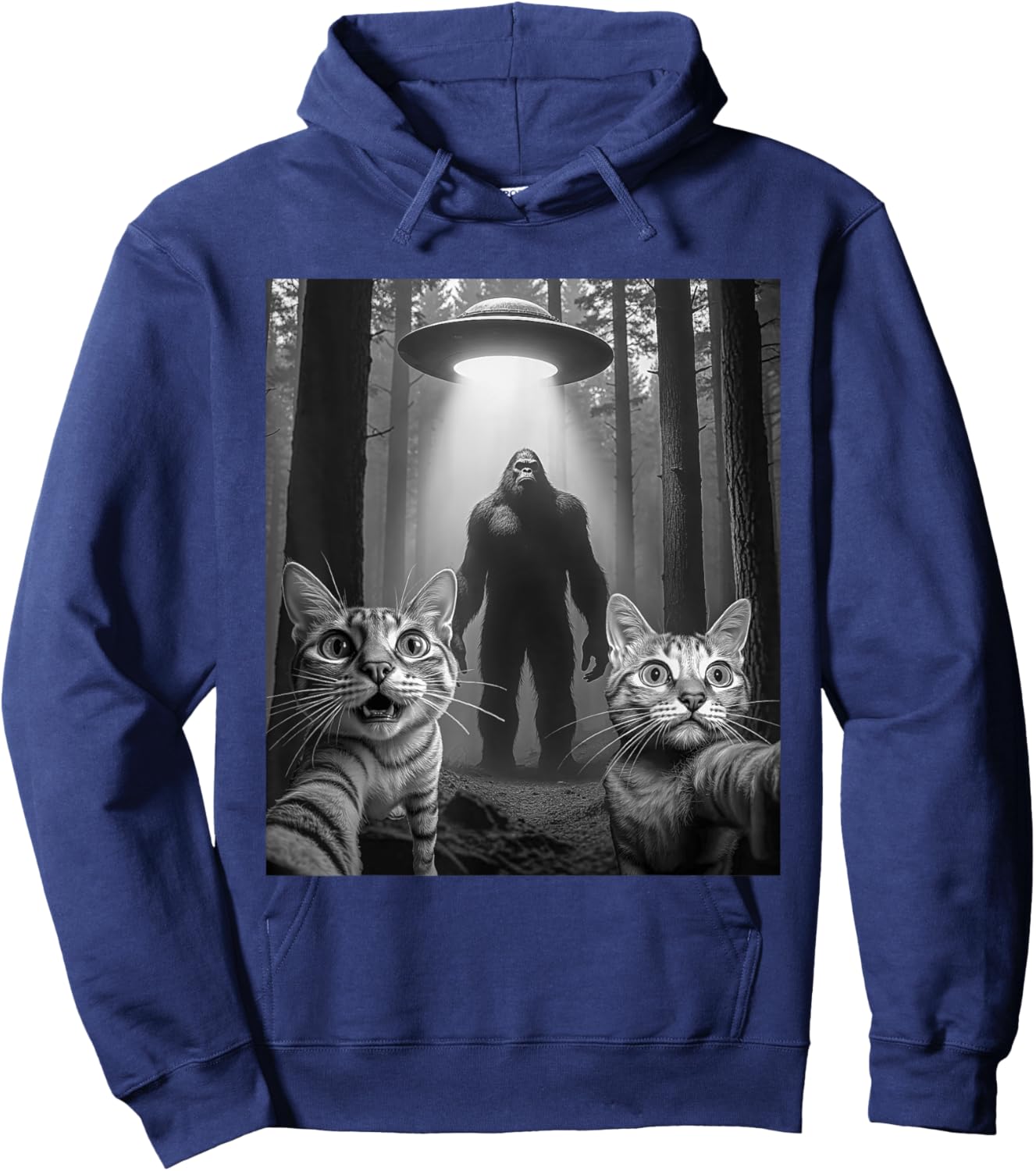 Funny Surprised Cat Selfie With Bigfoot Sasquatch Alien UFO Hoodie - Hoodie | Navy