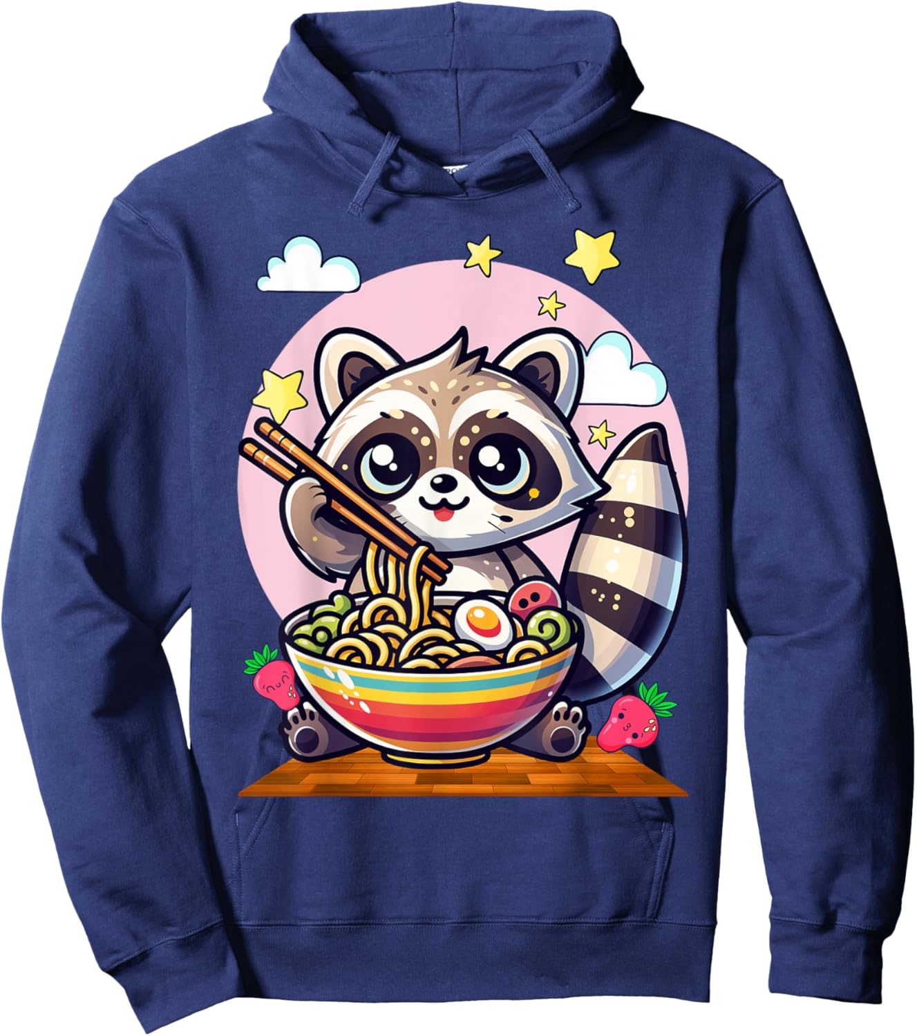 Raccoon Noodles Lover Gift Co. -Adults & Kids Raccoon Eating Japanese Noodles Kawaii Ramen Bowl - Black, Small, Short Sleeve Hoodie - Hoodie | Navy