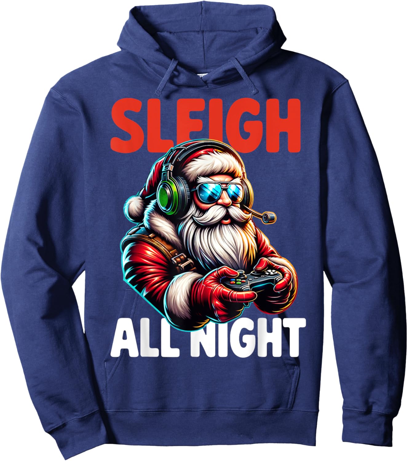 Christmas Gamer Boys Sleigh All Night Video Game Santa Xmas Hoodie - Hoodie | Navy
