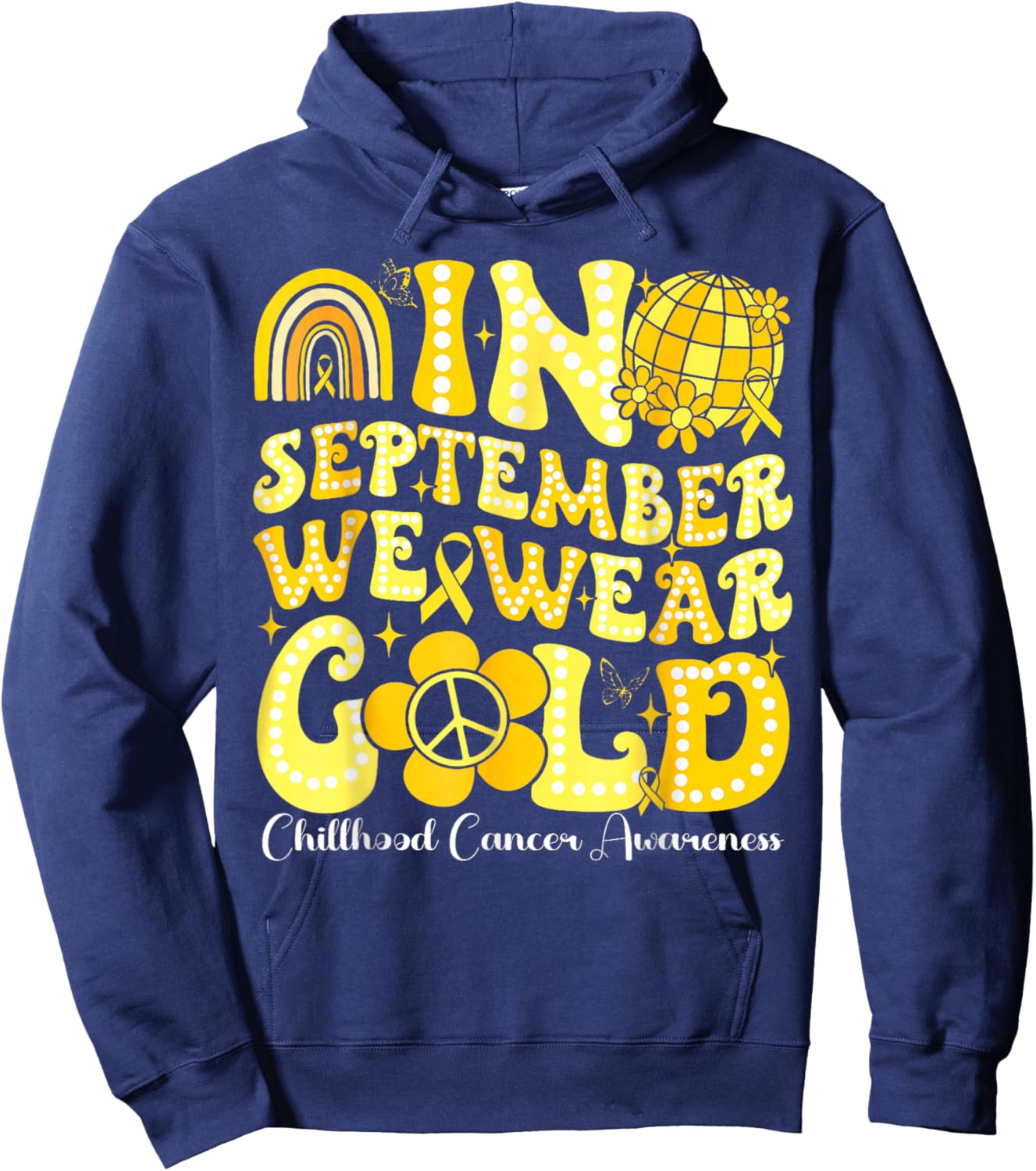 In September We Wear Gold Childhood Cancer Awareness Groovy Hoodie - Hoodie | Navy