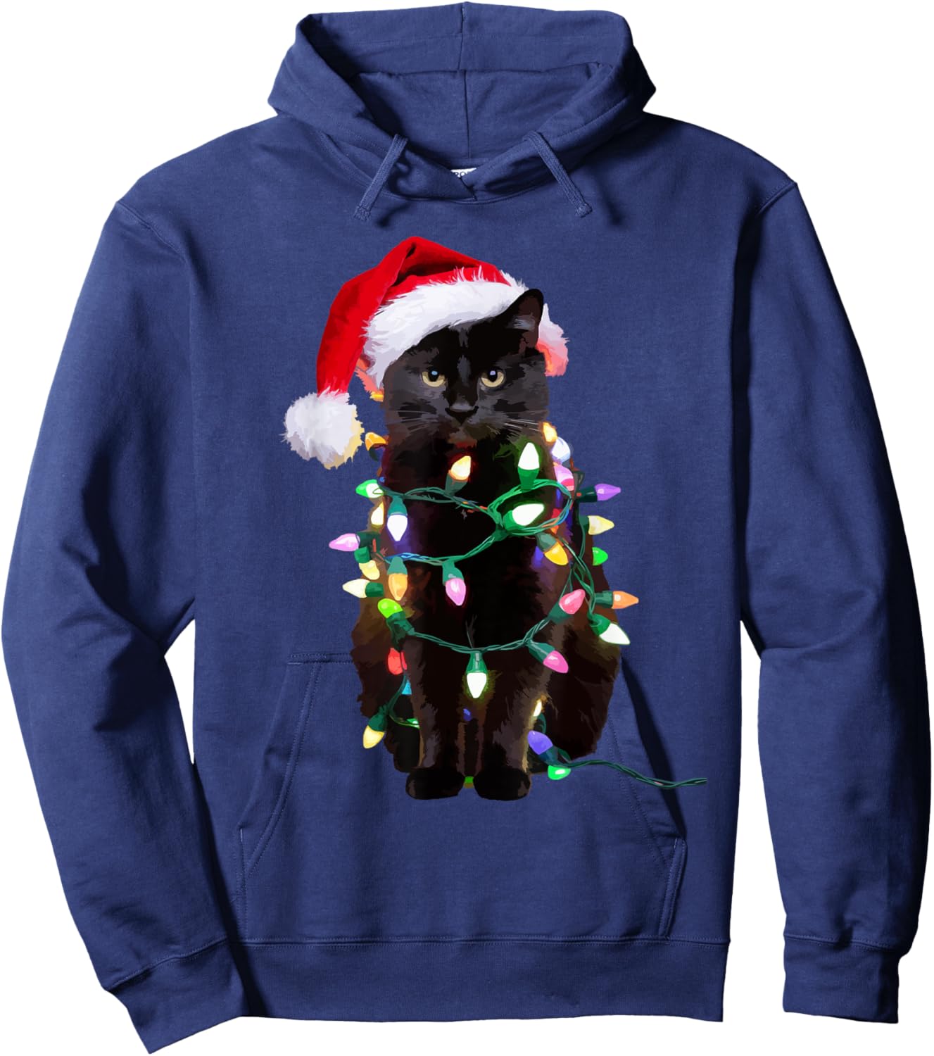 Black Cat Christmas Tree Lights Funny Santa Kitten Led Light Hoodie - Hoodie | Navy
