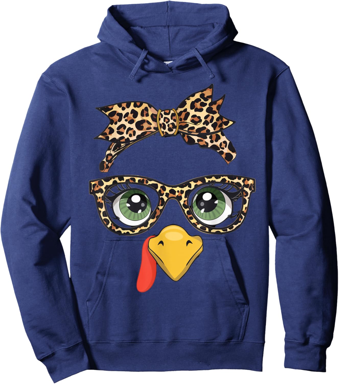 Leopard Print Thanksgiving Turkey Face Glasses Women Girls Hoodie - Hoodie | Navy