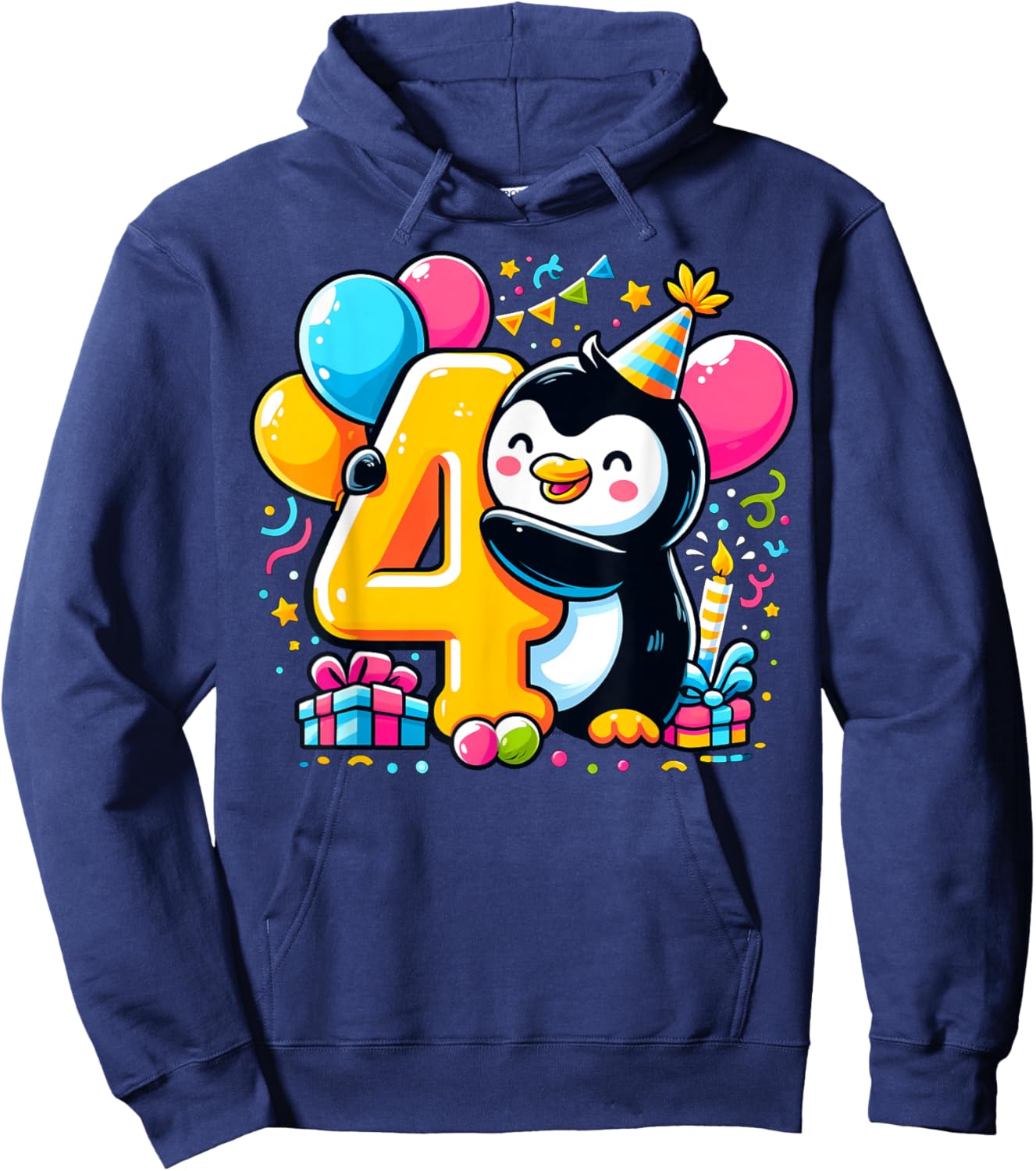 Kids Penguin Theme fourth Bday Party 4th Penguin Birthday Hoodie - Hoodie | Navy