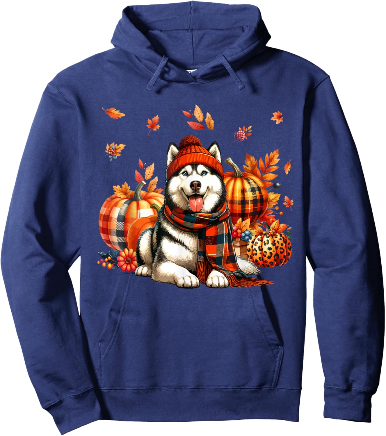 Husky Thanksgiving Leopard Pumpkins Fall Leaves Lover Hoodie - Hoodie | Navy