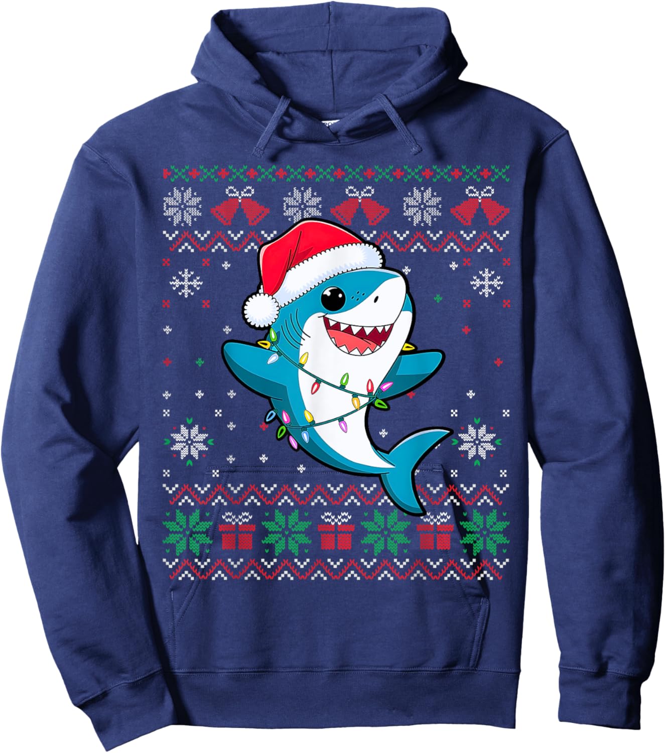 Funny Ugly Christmas Tree Shark Santa Hat Lights Xmas Hoodie - Hoodie | Navy