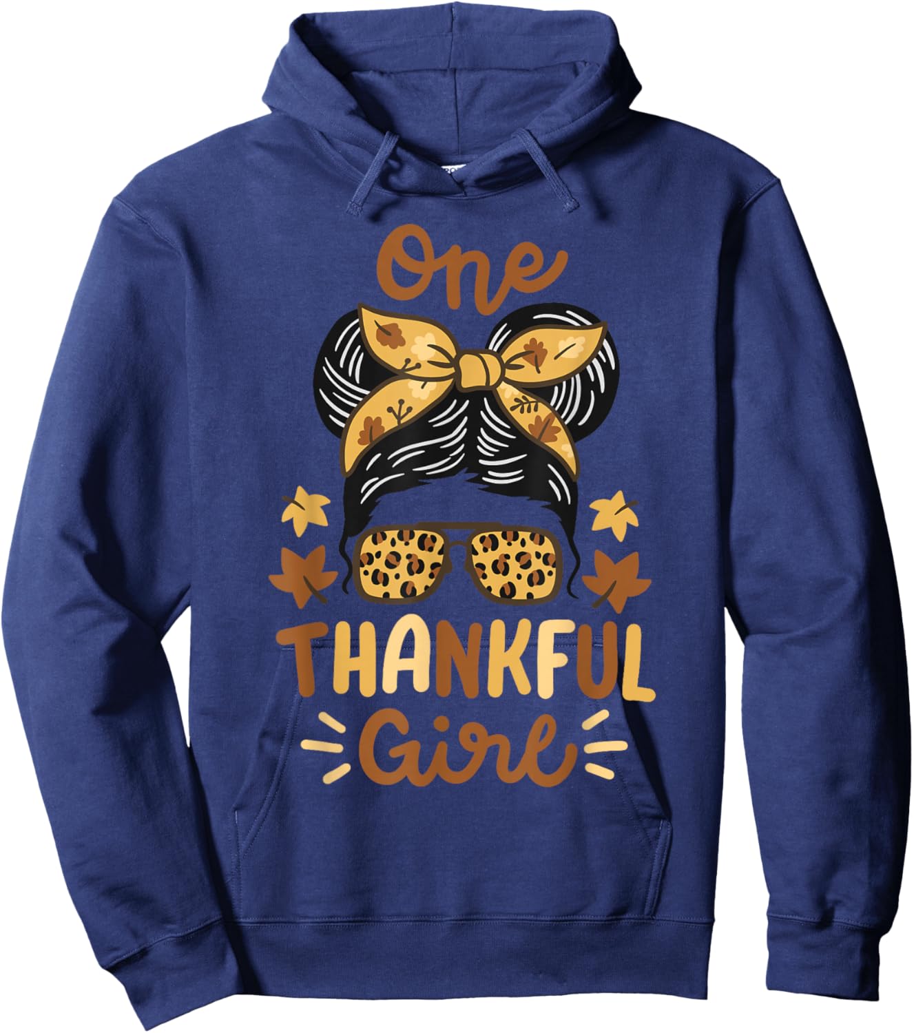 Thanksgiving Messy Bun Leopard Thankful Girl Women Hoodie - Hoodie | Navy