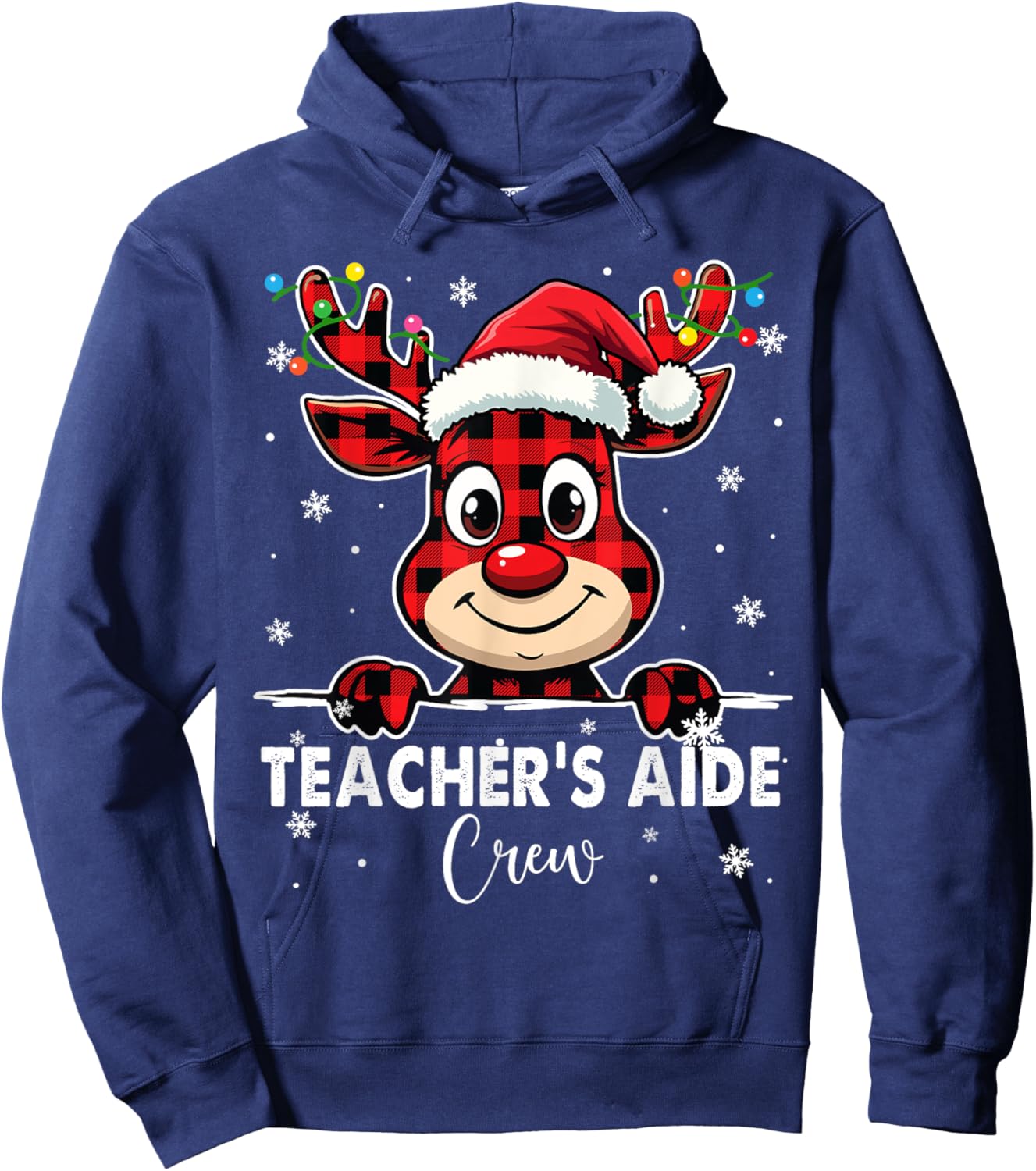 Funny Red Plaid Reindeer Teacher's Aide Crew Merry Christmas Hoodie - Hoodie | Navy