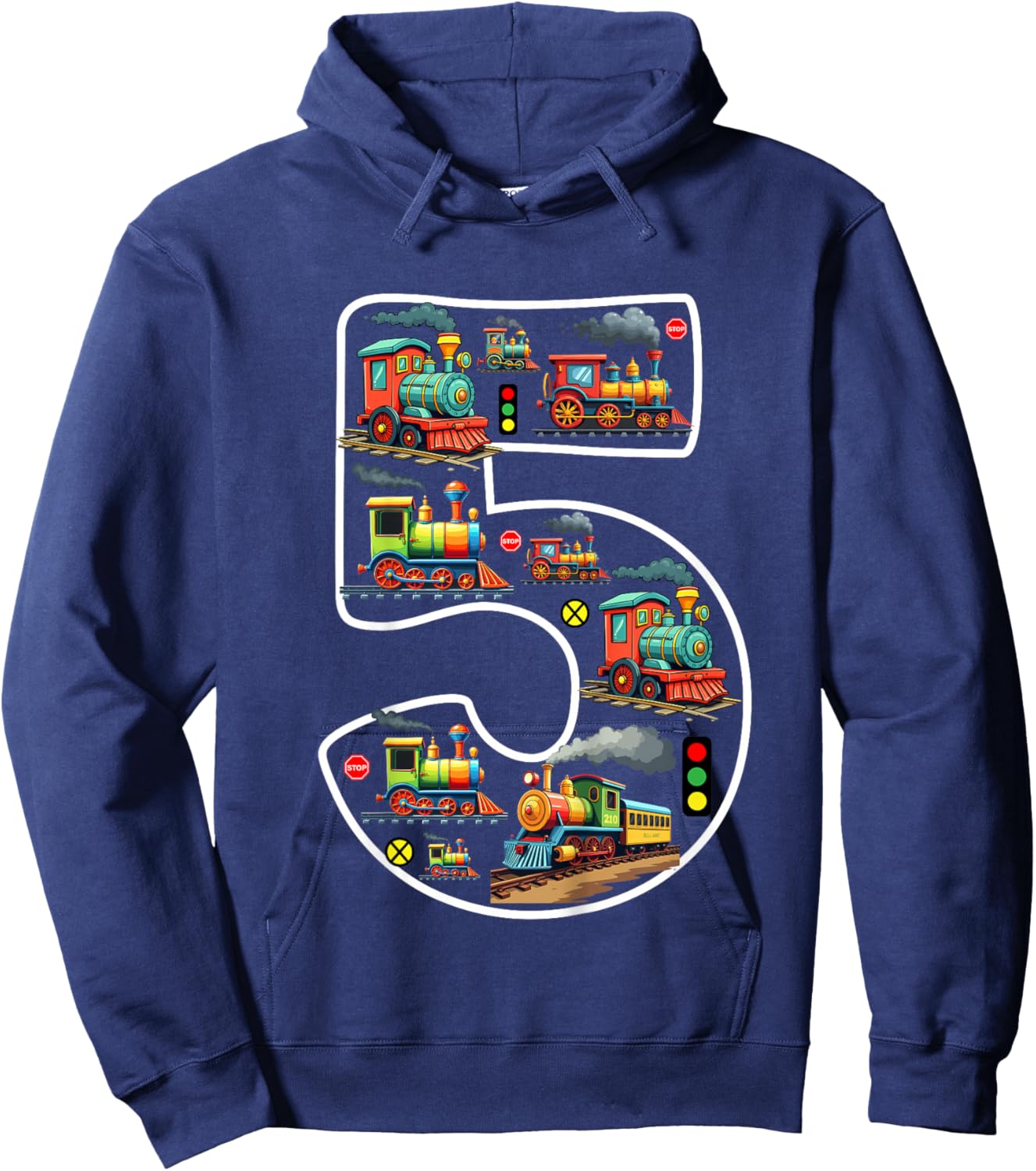 Kids 5 Year Old Boy Trains Birthday 5th Birthday Locomotive Train Hoodie - Hoodie | Navy