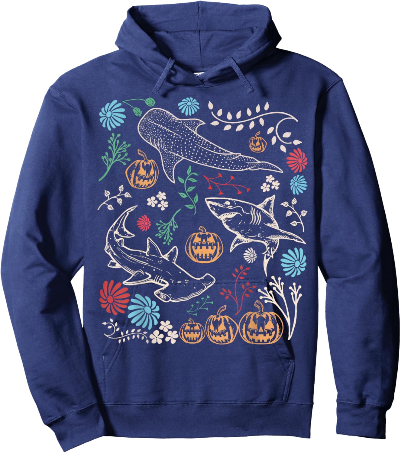 Vintage 90s Halloween Shark Pumpkin Ocean Marine Biology Hoodie - Hoodie | Navy