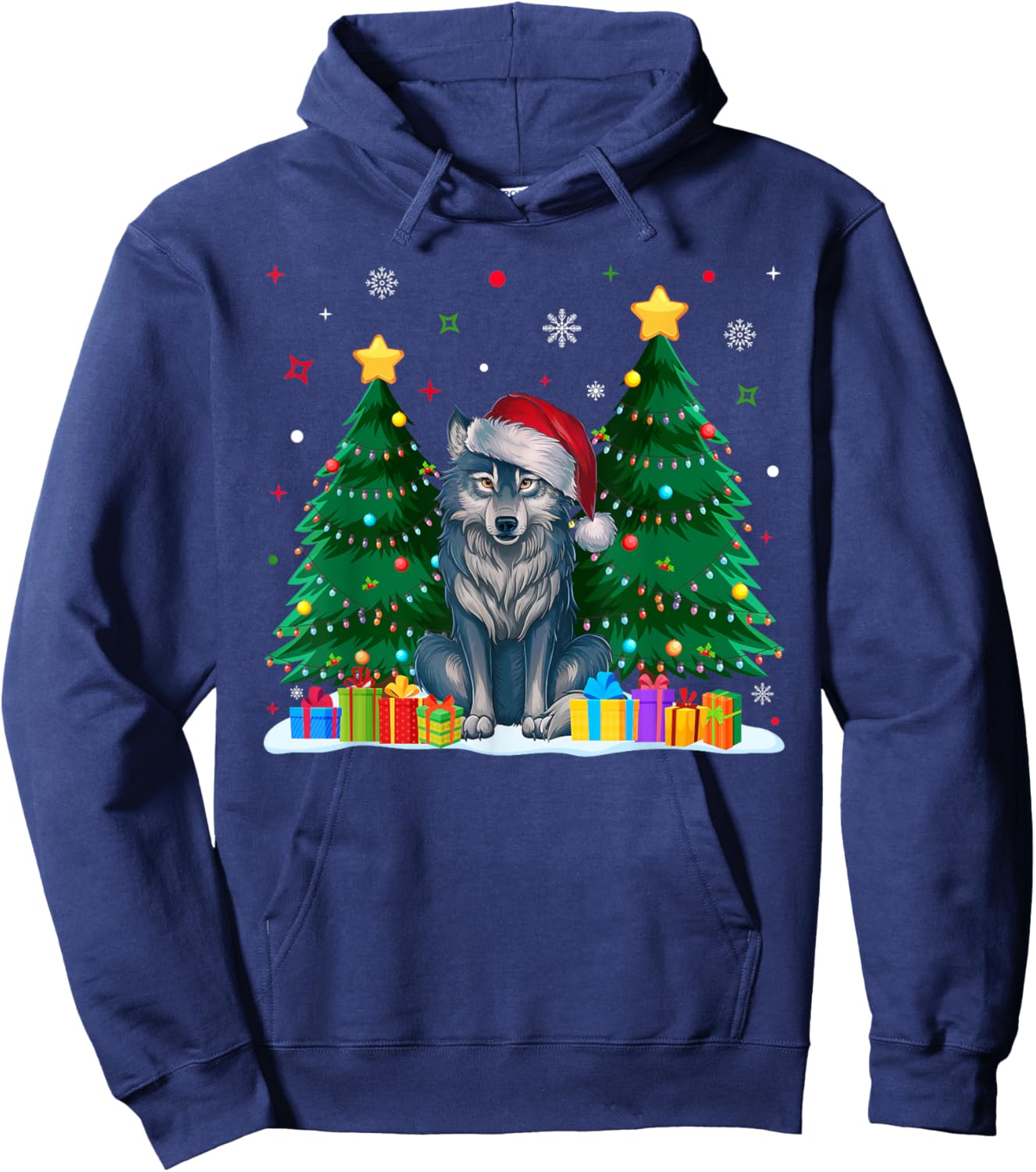 Funny Animal Lovers Wolf Santa Hat Ugly Christmas Sweater Hoodie - Hoodie | Navy