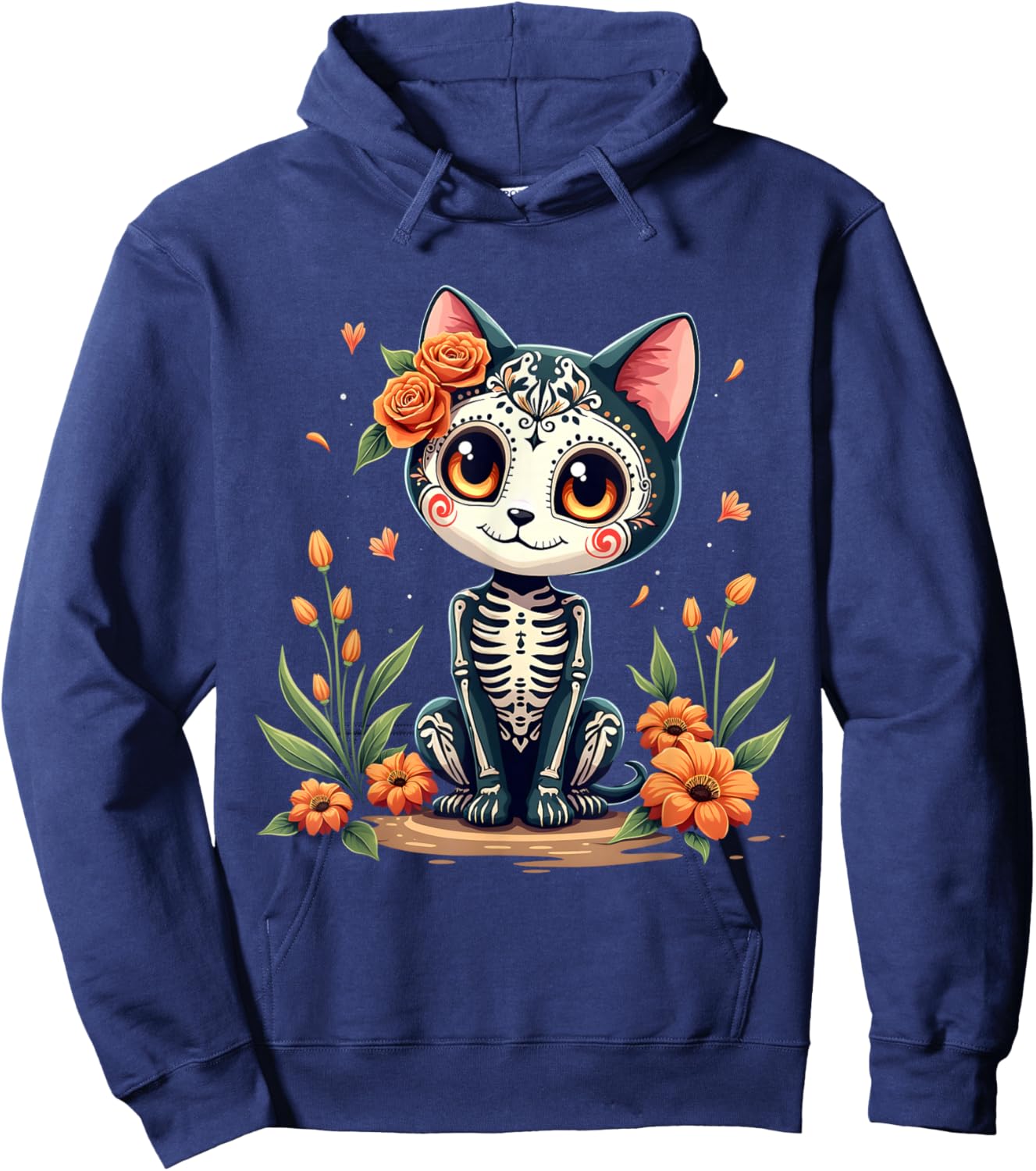 Colorful Sugar Skull Cat Mexican Halloween Hoodie - Hoodie | Navy