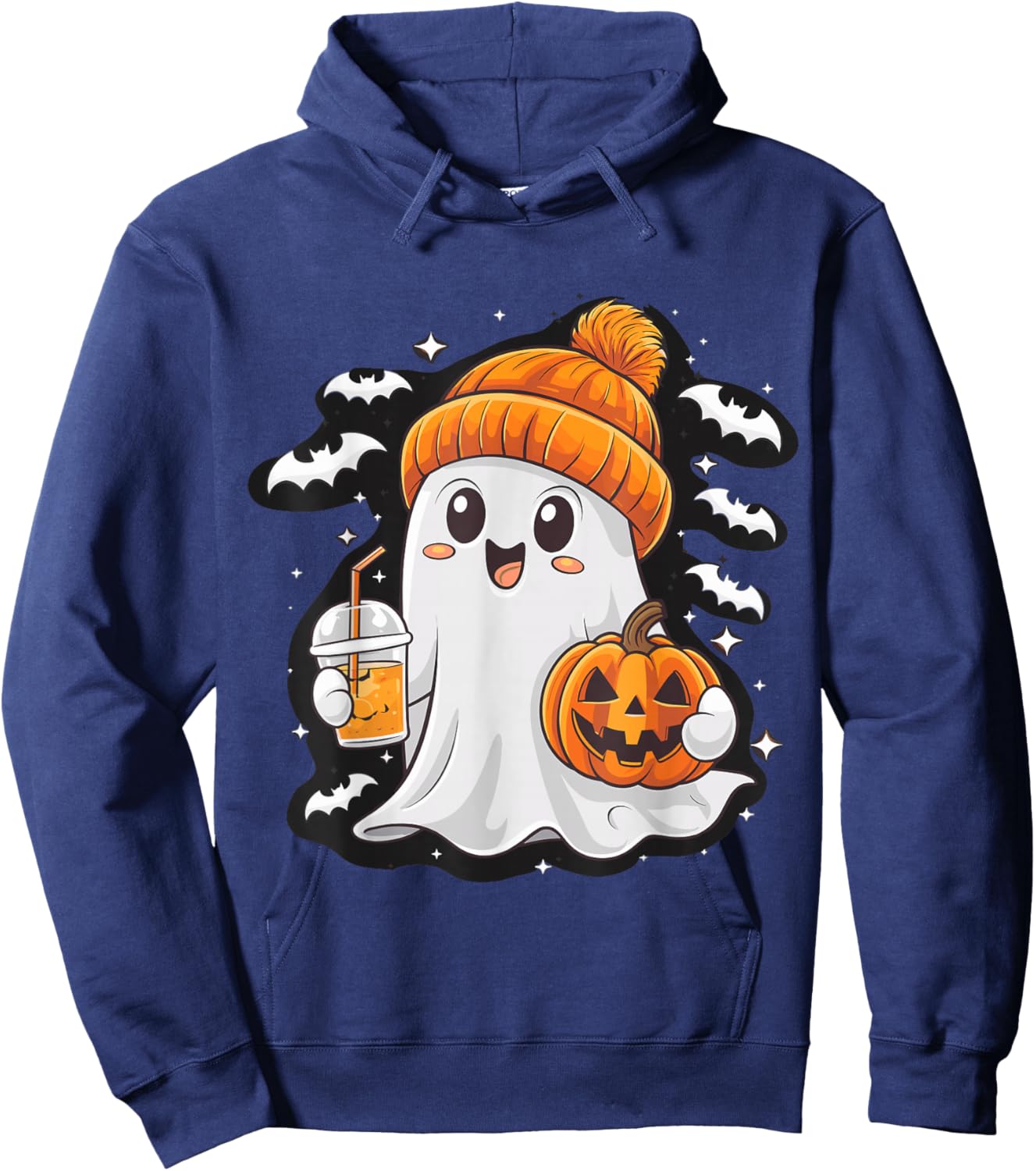 Ghost with Coffee Beanie and Pumpkin Halloween Costume Hoodie - Hoodie | Navy