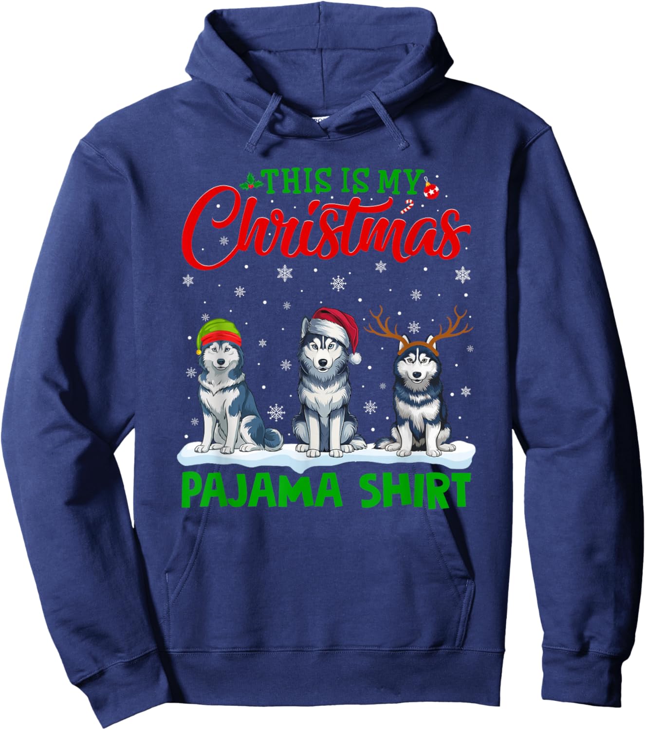 Xmas Santa Hat Reindeer Siberian Husky Dog Christmas Pajama Hoodie - Hoodie | Navy