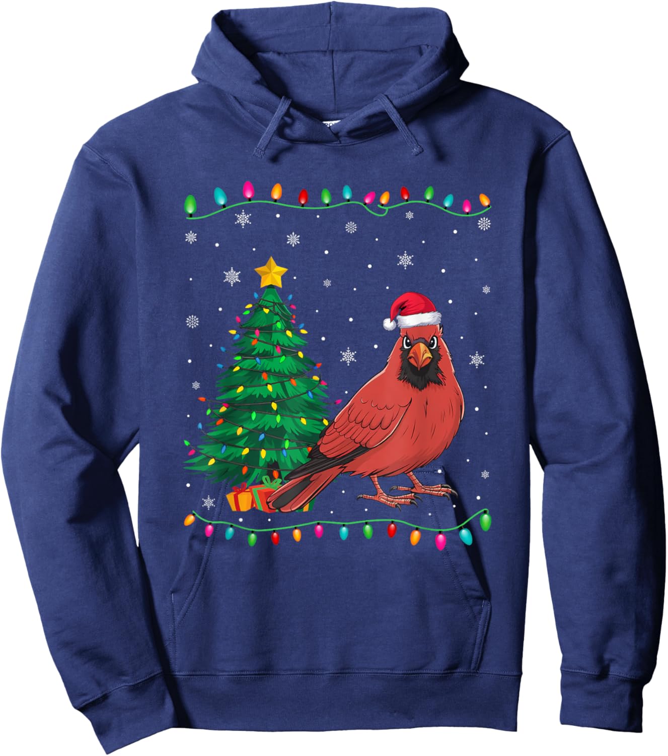Cardinal Bird Santa Hat Men Women Kids Christmas Tree Lights Hoodie - Hoodie | Navy