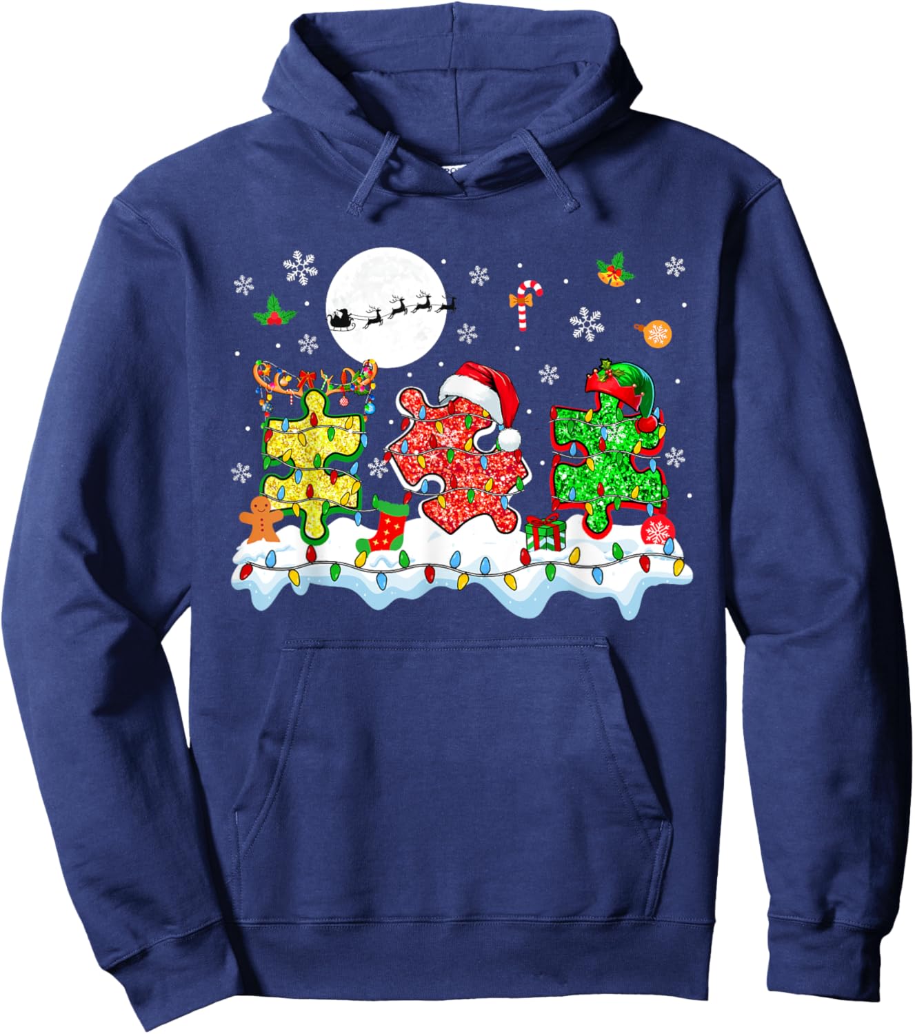 Xmas Three Santa Reindeer Elf Autism Awareness Puzzle Pieces Hoodie - Hoodie | Navy