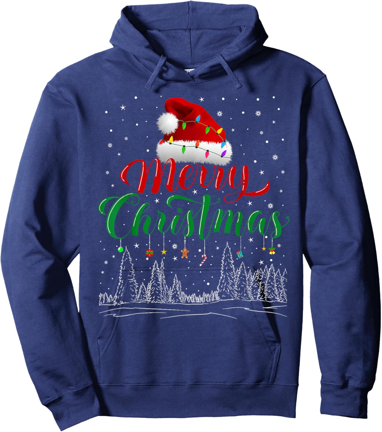 Merry Christmas Lights Red Santa Hat Xmas Family Men Women Hoodie - Hoodie | Navy