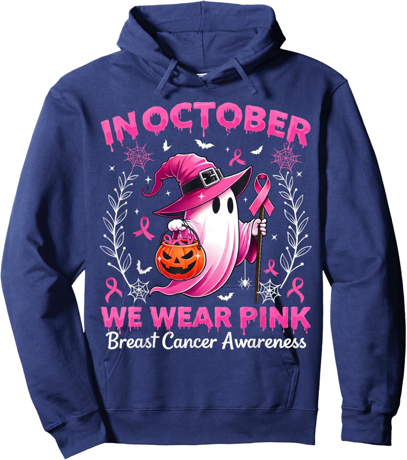 In October We Wear Pink Breast Cancer Awareness Halloween Hoodie - Hoodie | Navy