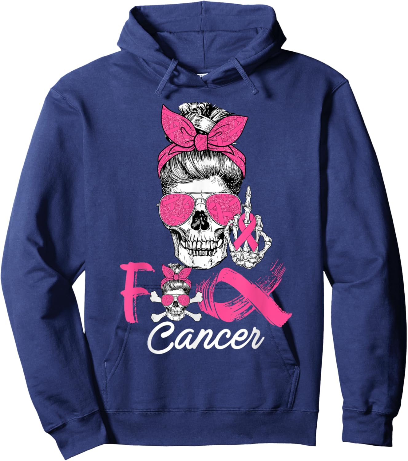 Fuck Cancer Breast Cancer Messy Bun Skeleton Halloween Day Hoodie - Hoodie | Navy