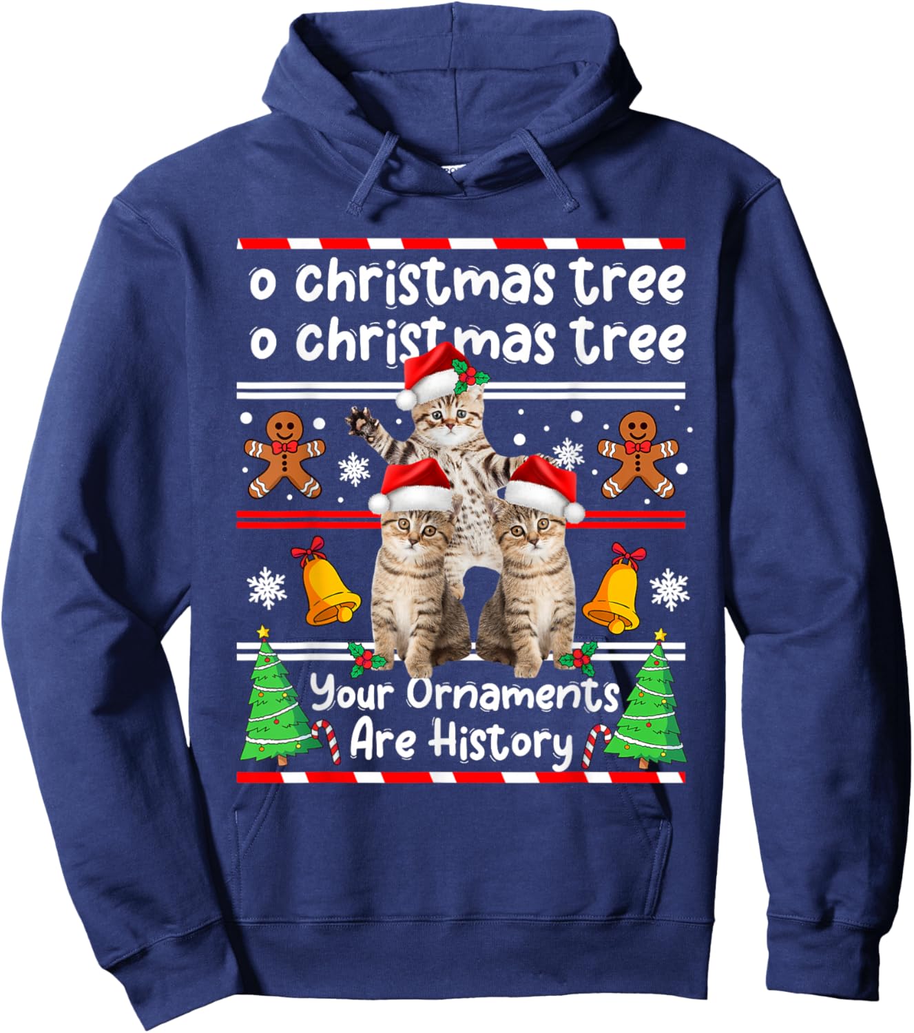 Christmas Oh Christmas Tree Your Ornaments are History Funny Cat Xmas - Black, Small, -Adults, -Kids, Short Sleeve, , Animal Print, Christmas, Cotton Blend, Machine Wash Hoodie - Hoodie | Navy