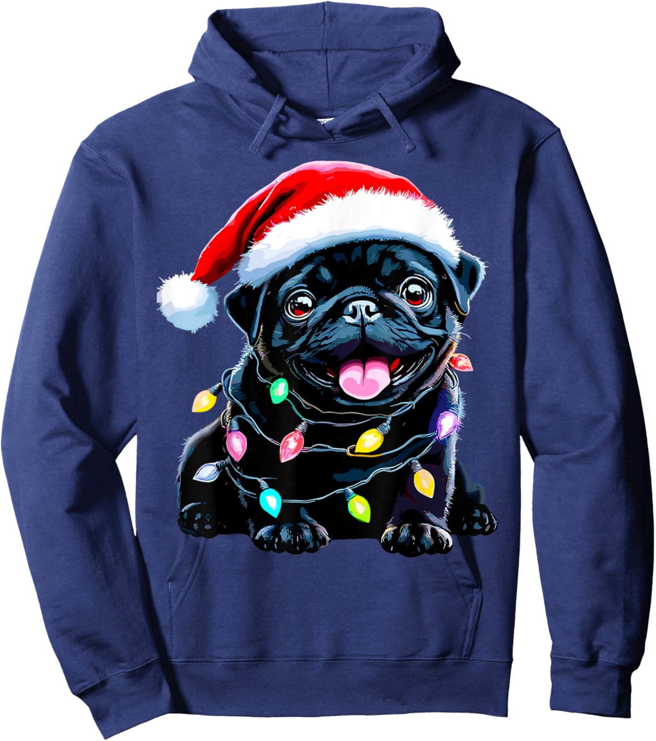 Funny Pug Santa Dog Lover Xmas Christmas Lights Men Women Kids Hoodie - Hoodie | Navy