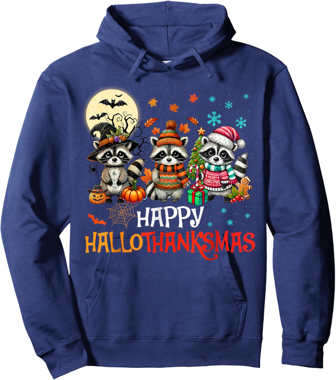 Happy Hallothanksmas Raccoon Lover Halloween Merry Christmas Hoodie - Hoodie | Navy
