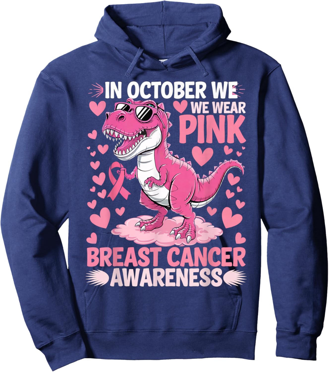 In October We Wear Pink Cute Dinosaur Breast Cancer Boys Hoodie - Hoodie | Navy