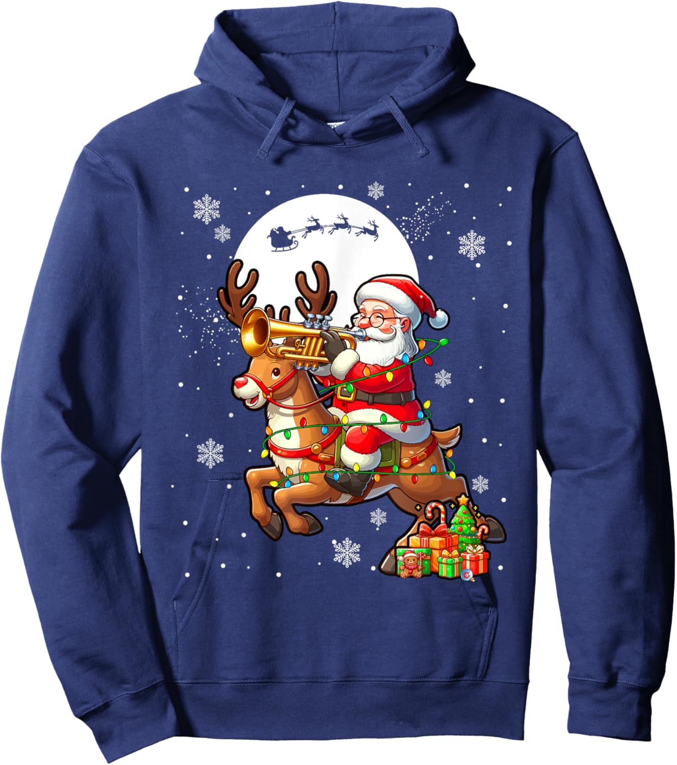 Santa Playing Trumpet On Reindeer Christmas Instrument Hoodie - Hoodie | Navy