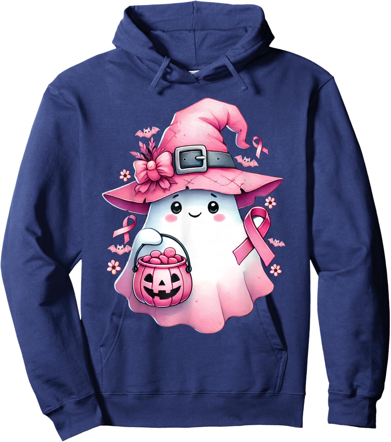 In October We Wear Pink Cute Ghost Pumpkin Breast Cancer Hoodie - Hoodie | Navy