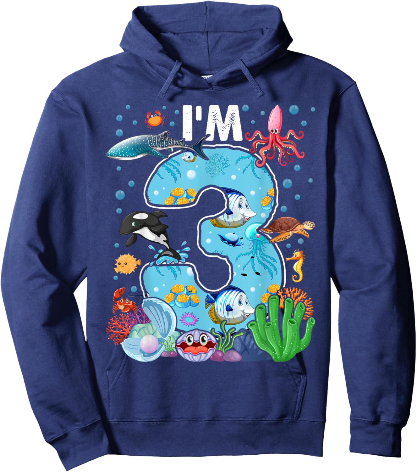 Kids 3 Year Old Birthday Whale Fish Sea Bday Boys and Girls Hoodie - Hoodie | Navy