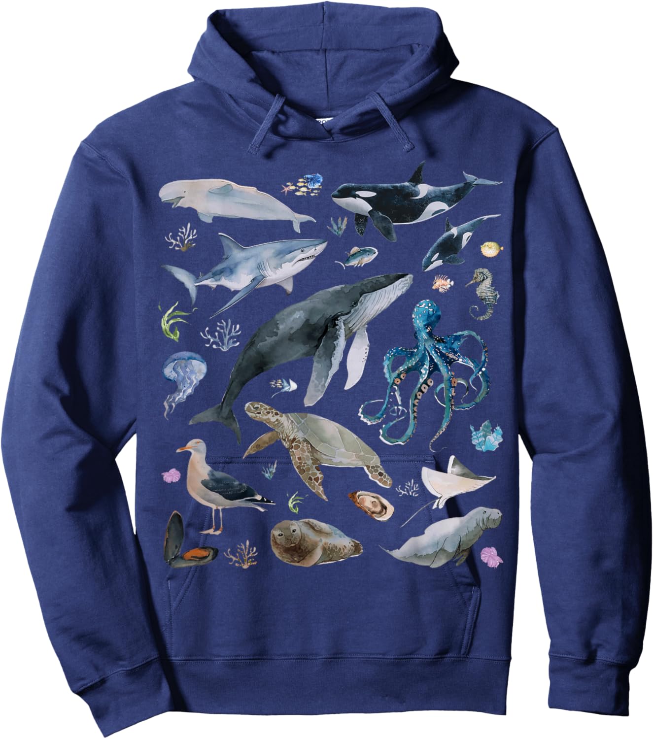 Vintage Ocean Animal Wildlife Shark Turtle Octopus Fish Hoodie - Hoodie | Navy