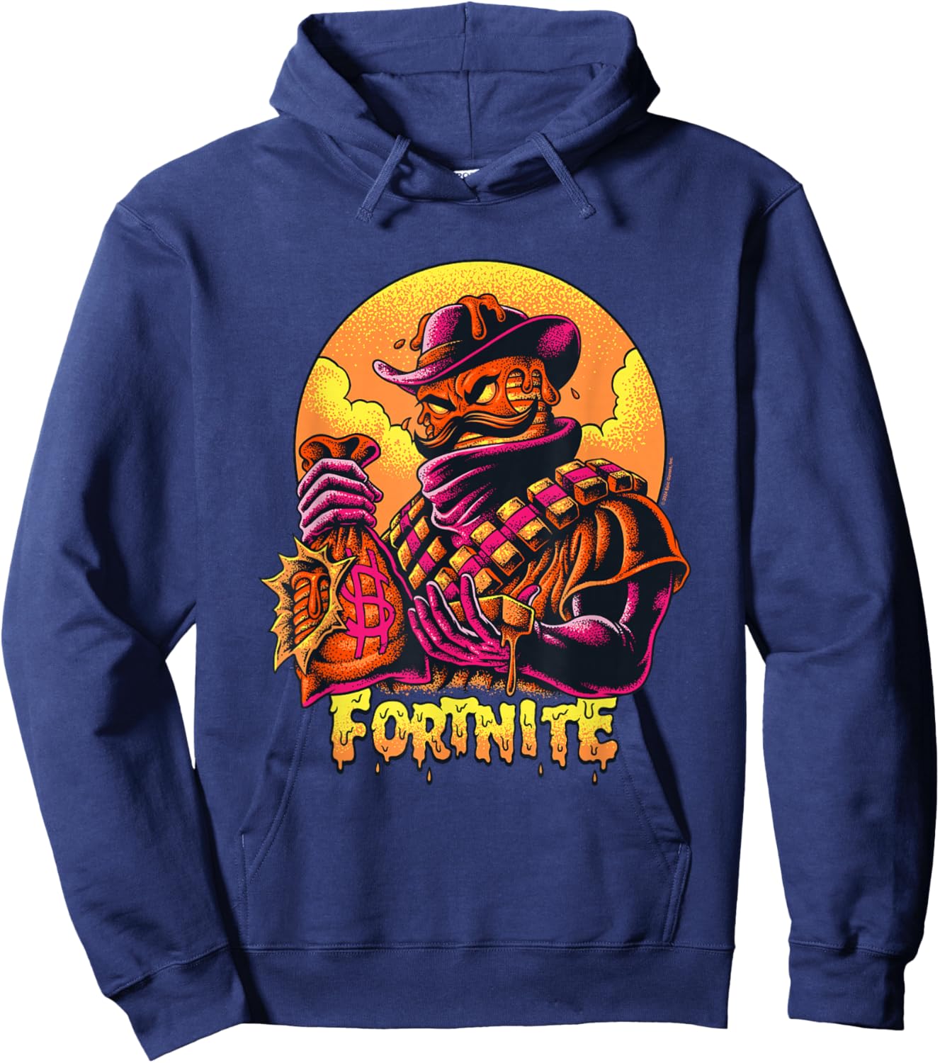 Fortnite Iconic Mancake Cowboy Distressed Big Chest Portrait Hoodie - Hoodie | Navy
