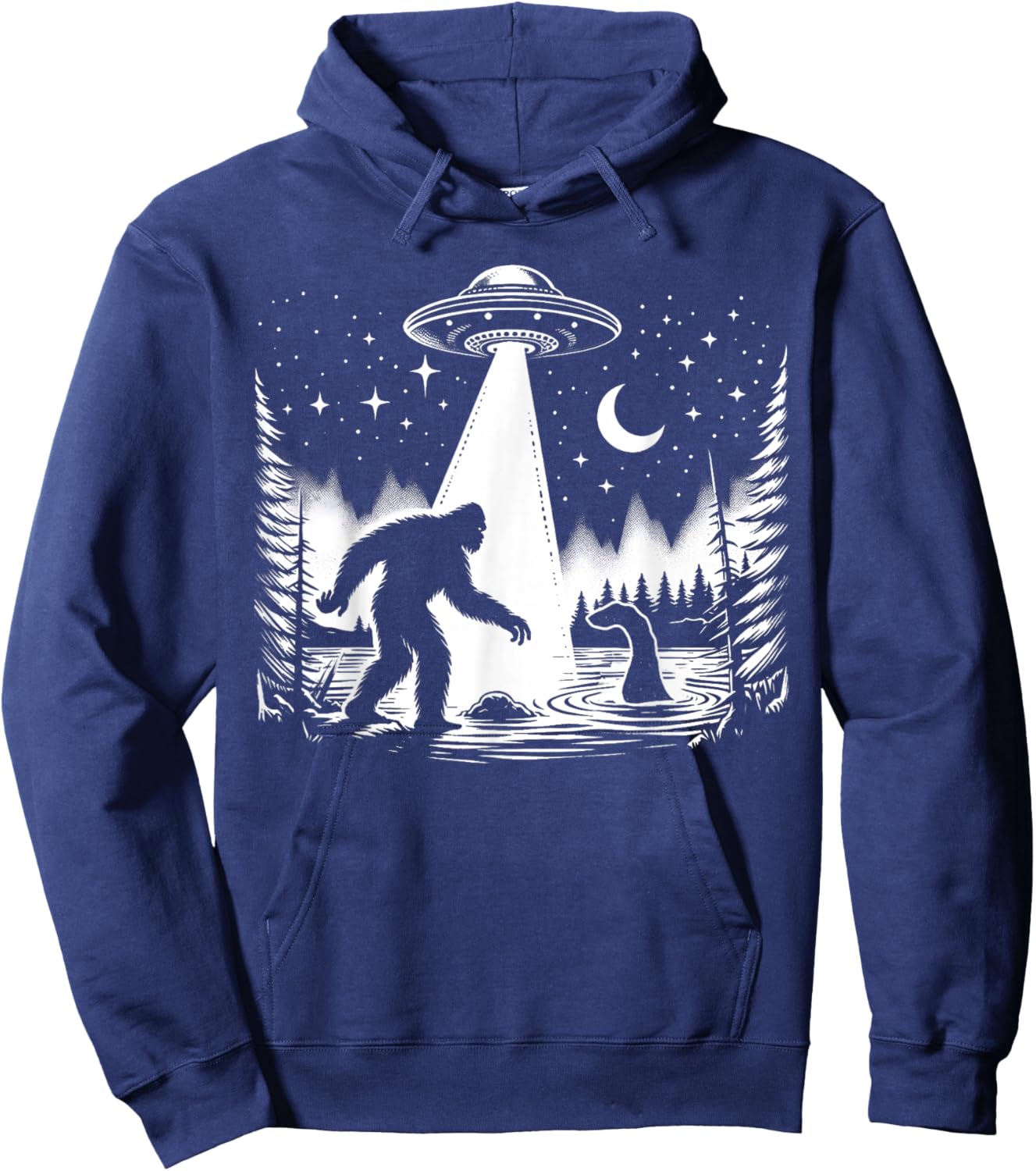 Cryptid Bigfoot, Loch Ness Monster, & UFO Alien Spaceship Hoodie - Hoodie | Navy