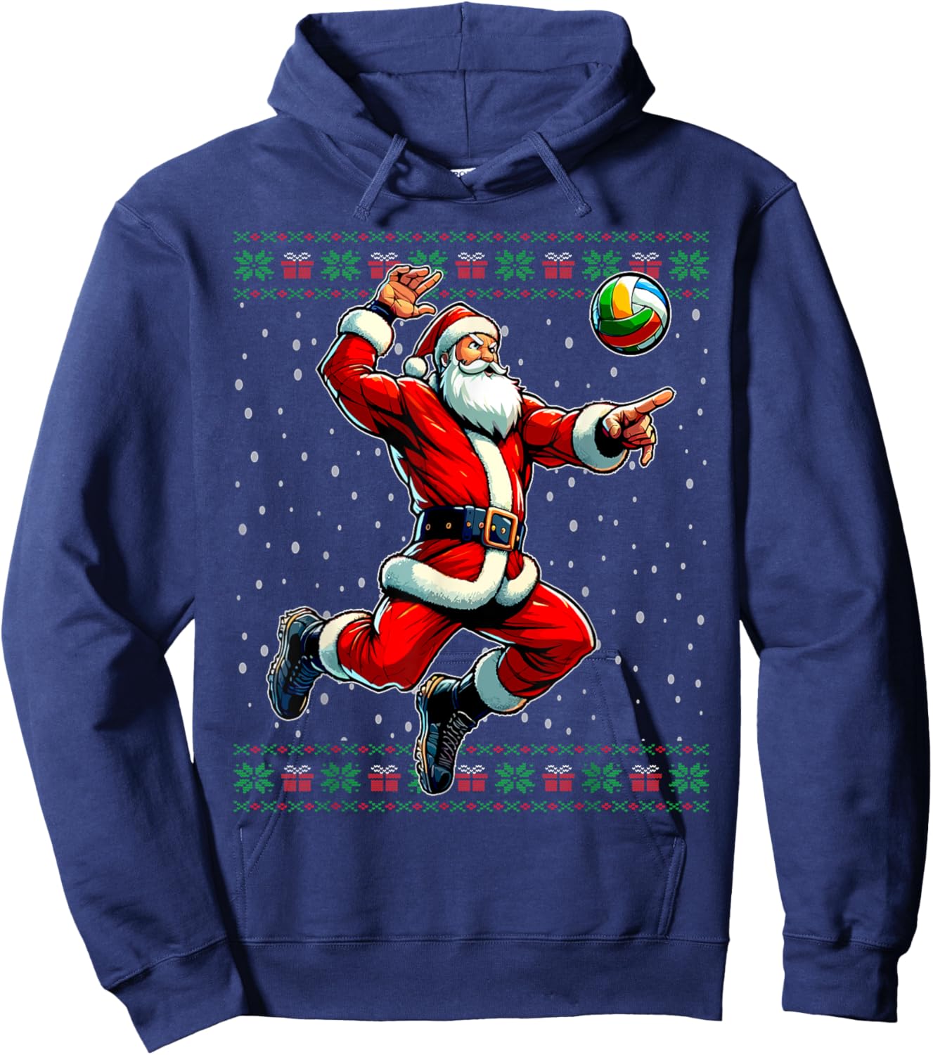 Volleyball Santa Claus Ugly Christmas Sweater Hoodie - Hoodie | Navy