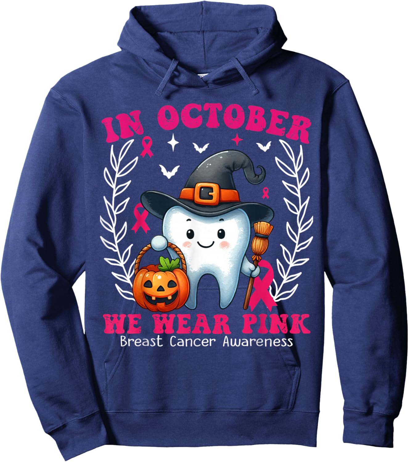 In October we Wear Pink Tooth Dental Breast Cancer Awareness Hoodie - Hoodie | Navy