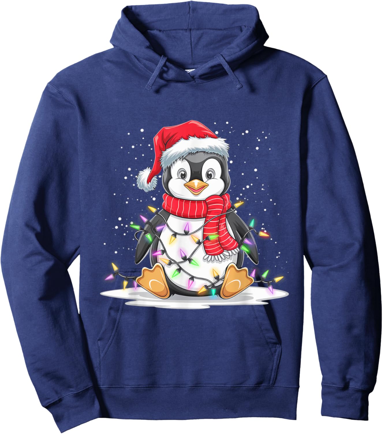Funny Xmas Matching Santa Hat Penguin Christmas Tree Lights Hoodie - Hoodie | Navy