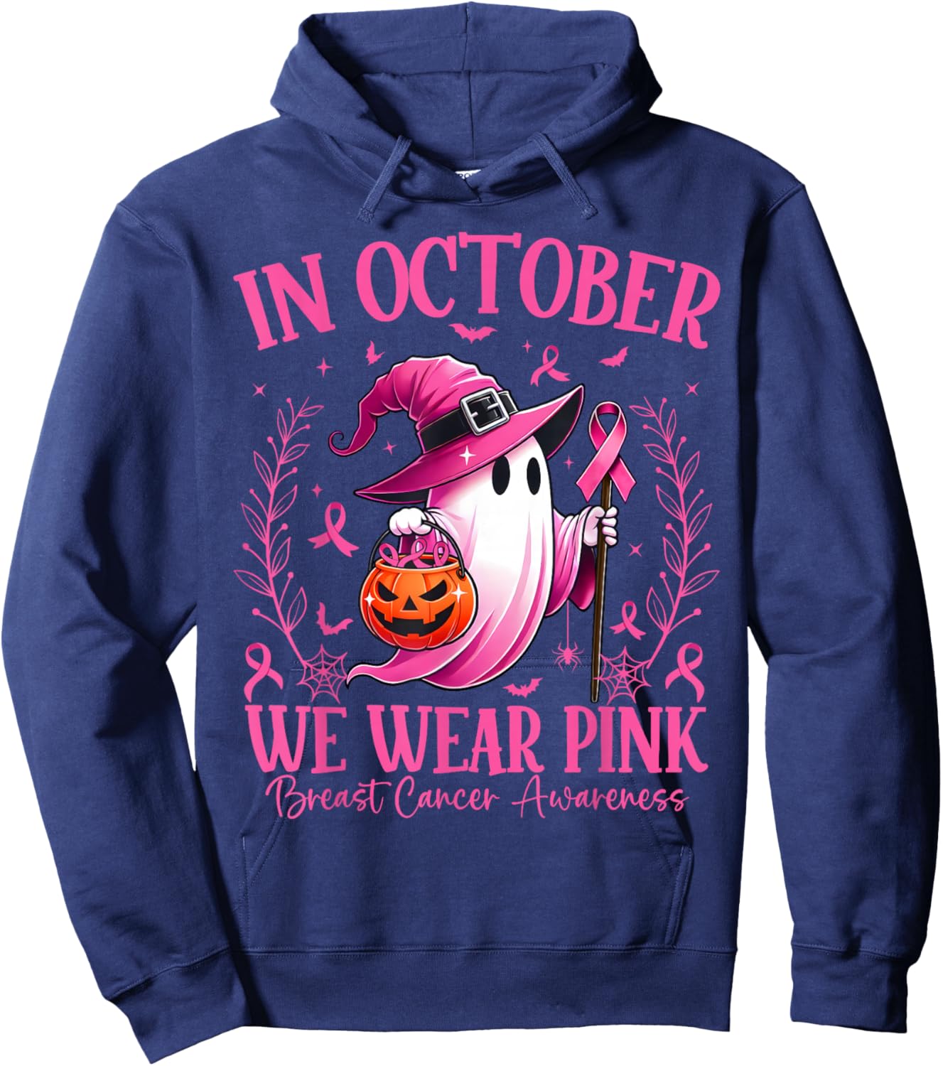 In October We Wear Pink Breast Cancer Awareness Halloween Hoodie - Hoodie | Navy