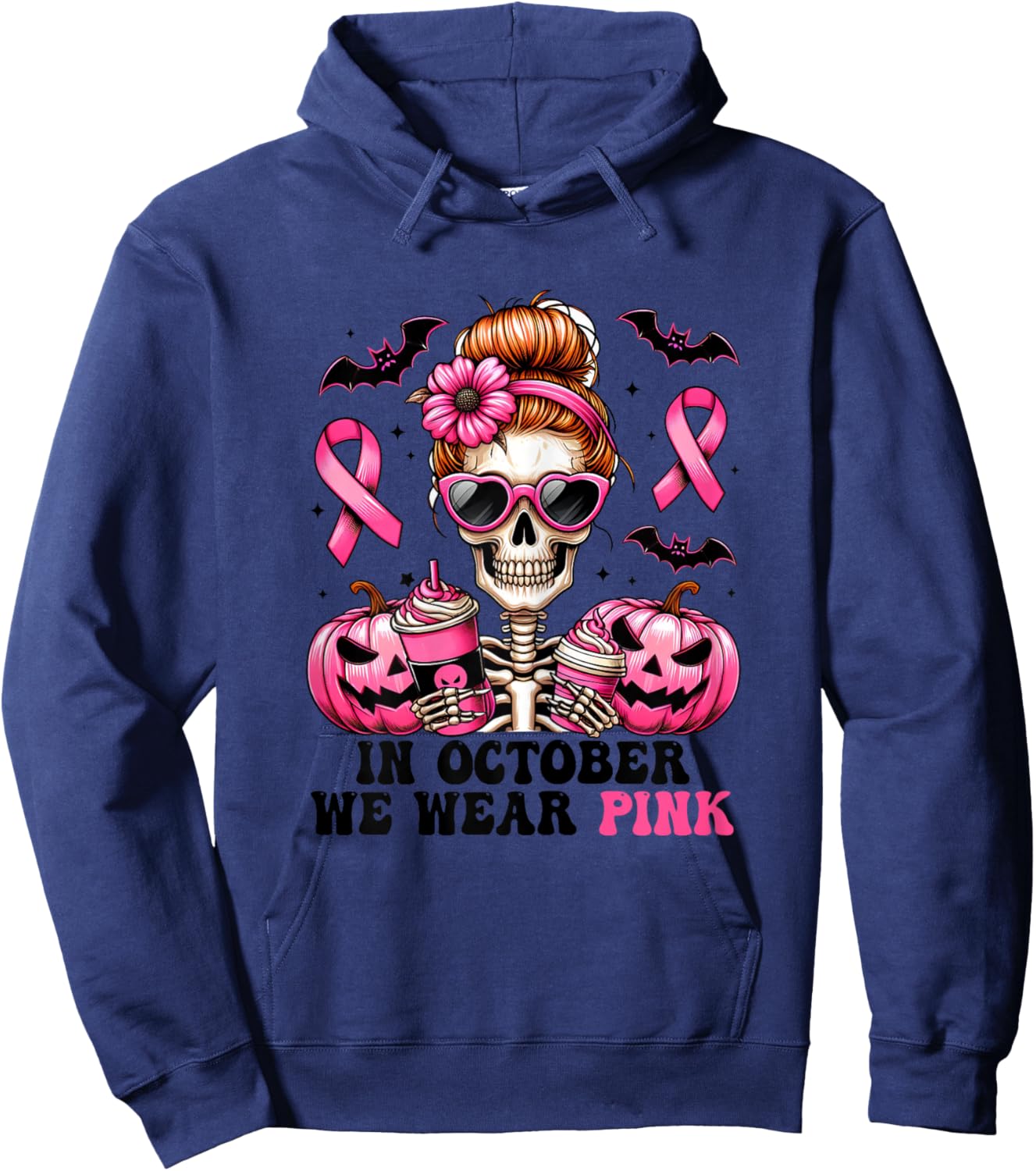 In October We Wear Pink Breast Cancer Skeleton Halloween Hoodie - Hoodie | Navy