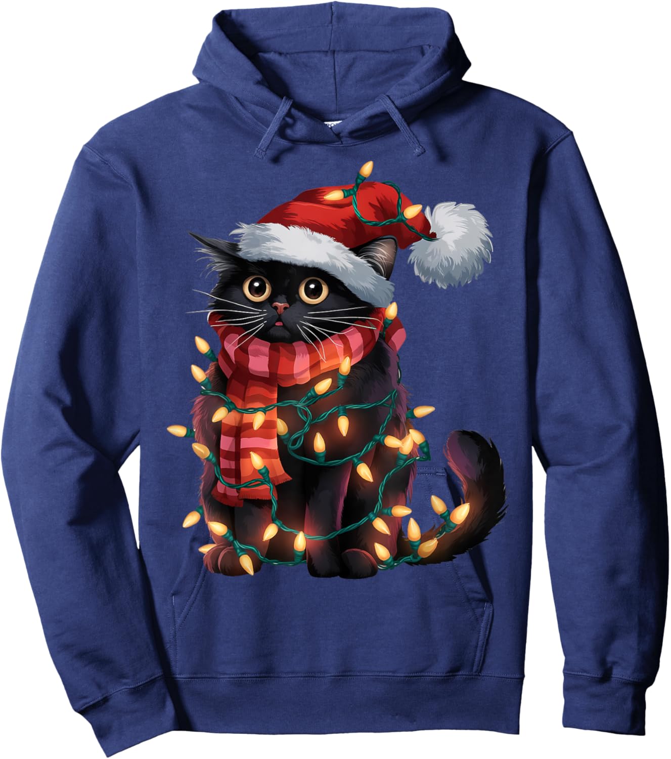 Black Cat Christmas Shirt Santa Hat Xmas Lights Hoodie - Hoodie | Navy