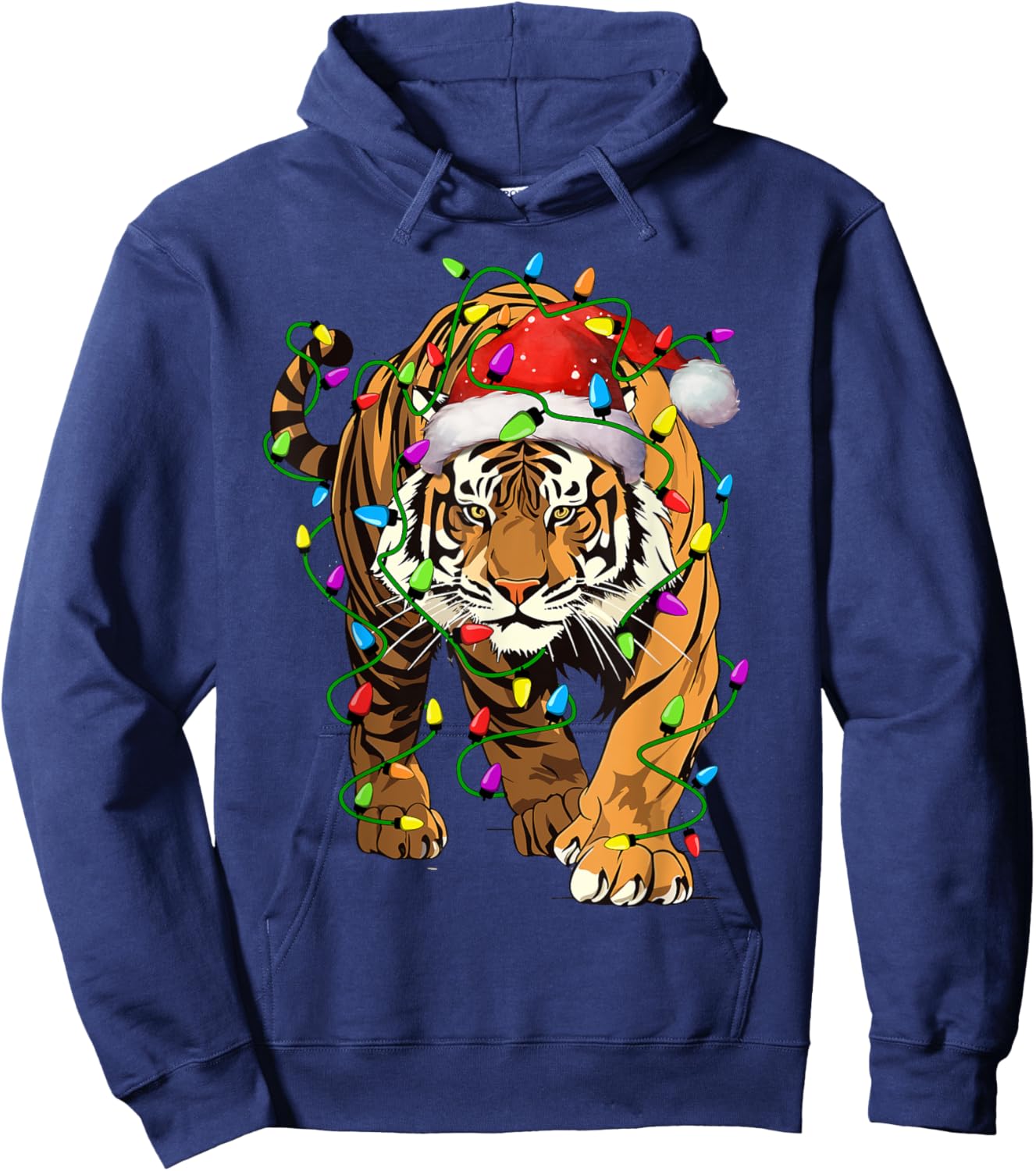 Tiger Santa Christmas Tree Lighting Xmas Funny Hoodie - Hoodie | Navy