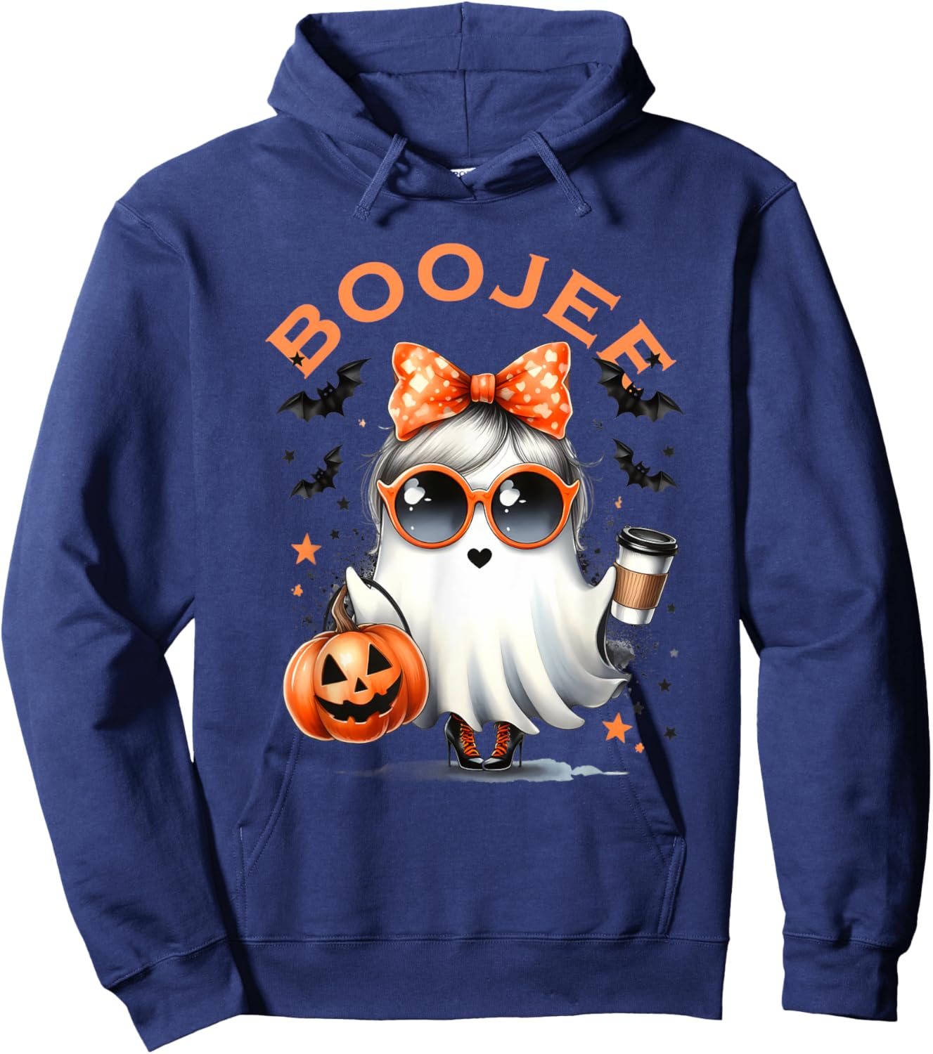 Boo JEE Ghost with Coffee Coquette Bow Halloween Women Girl Hoodie - Hoodie | Navy