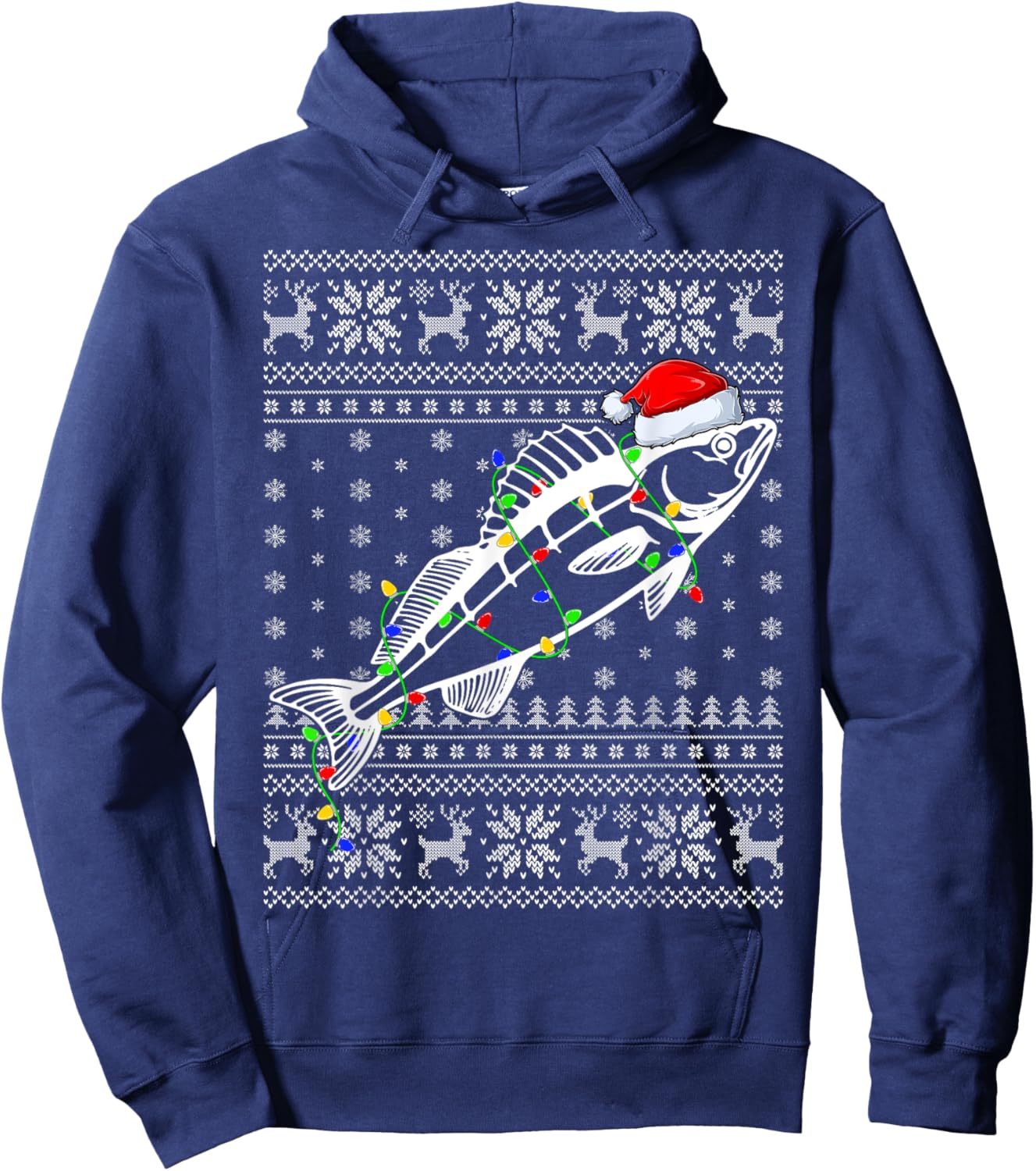 Ugly Sweater Xmas Lights Santa Hat Walleye Fish Christmas Hoodie - Hoodie | Navy
