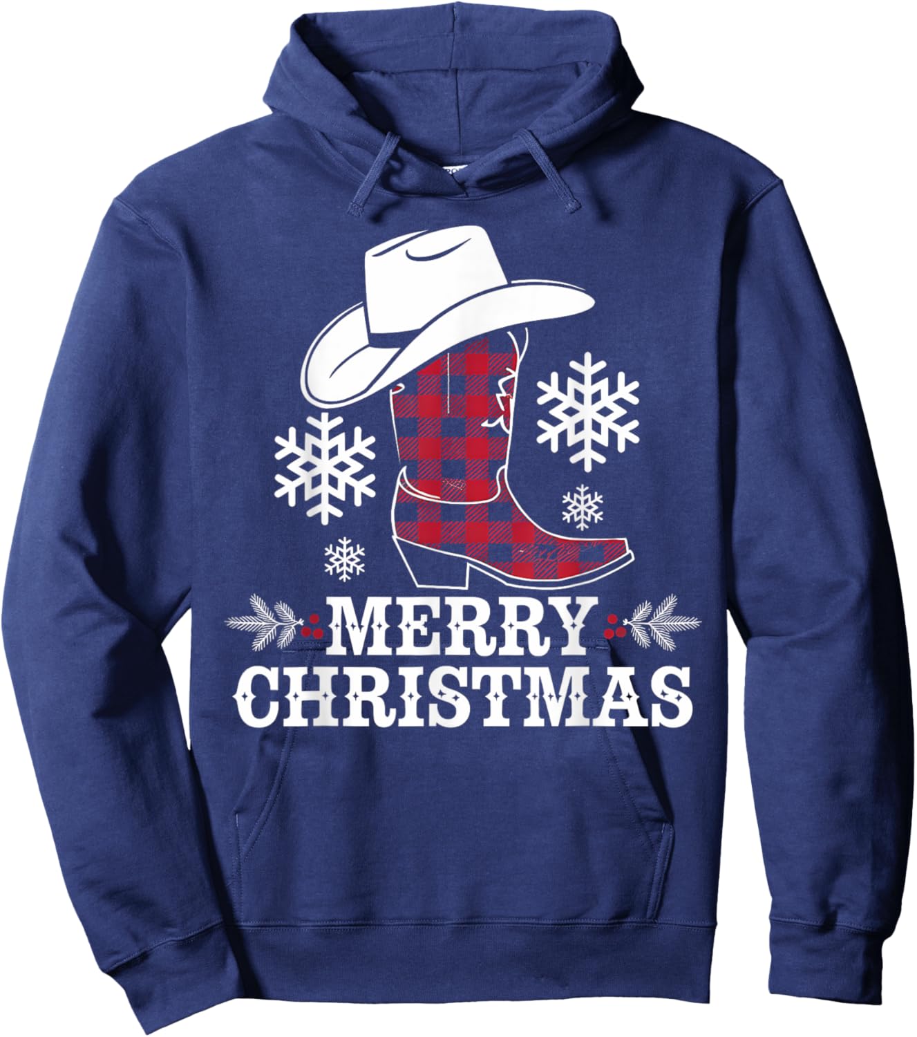 Christmas Cowboy Boot Plaid Xmas Western Country Cowgirl Hoodie - Hoodie | Navy