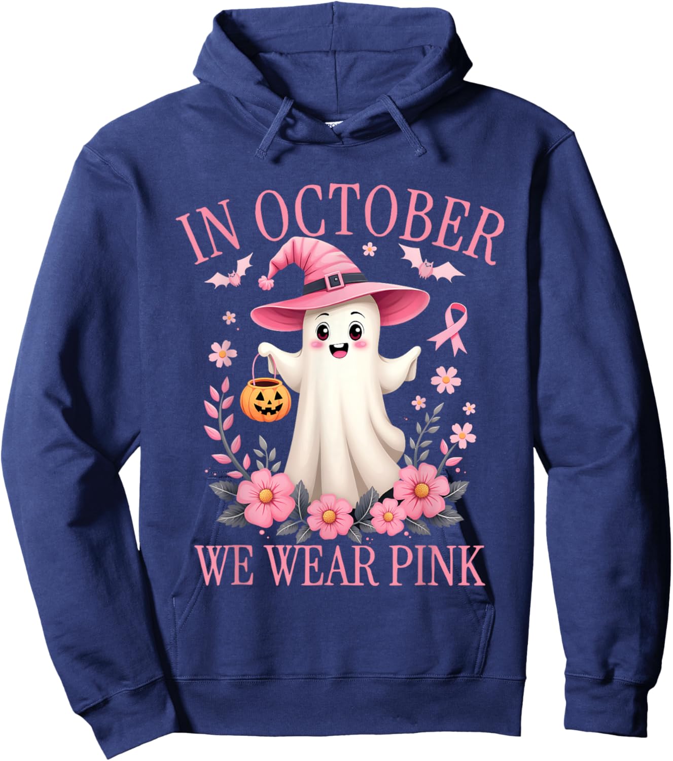 In October We Wear Pink Breast Cancer Awareness Halloween Hoodie - Hoodie | Navy