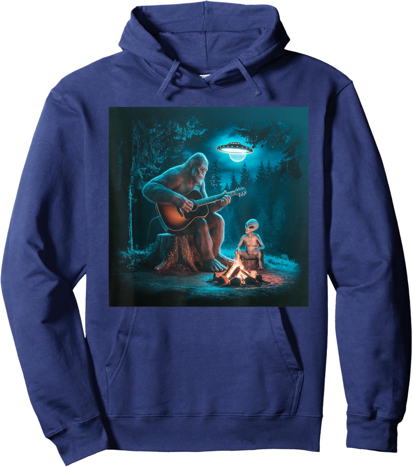 Bigfoot Alien Sasquatch Campfire UFO Music Night Scene Hoodie - Hoodie | Navy