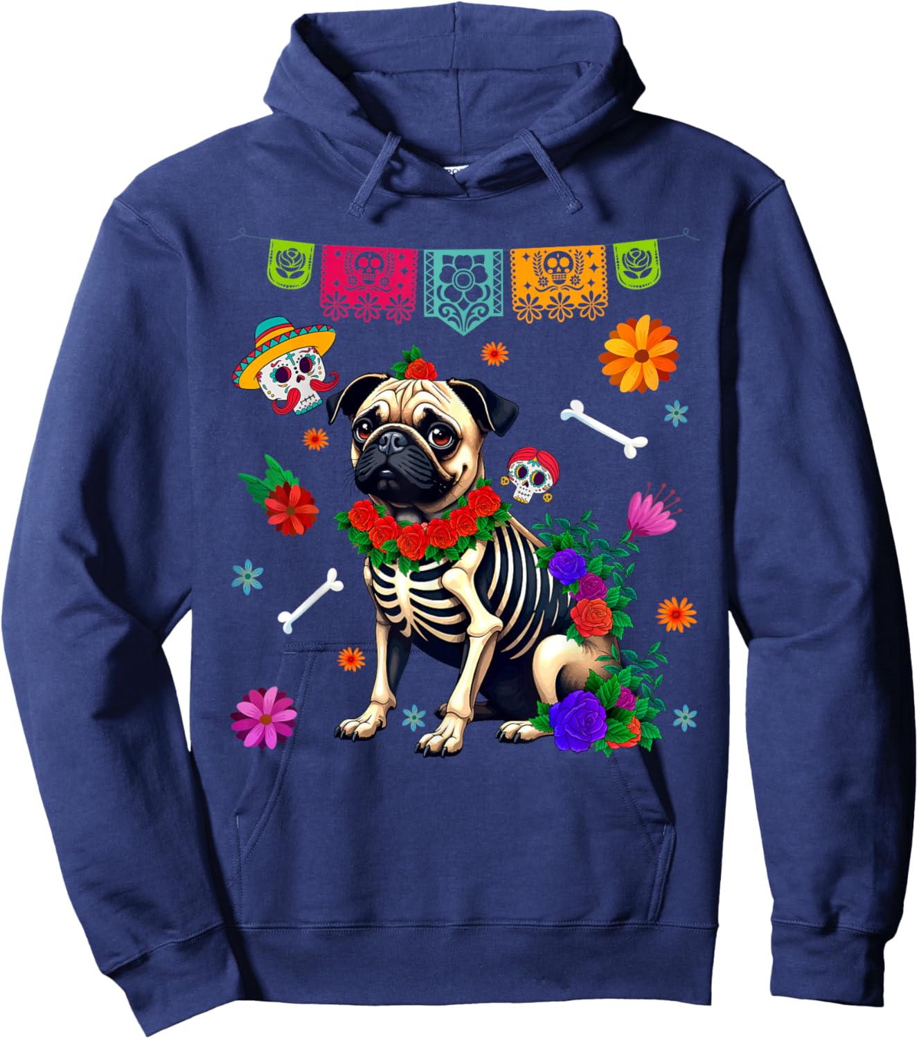 Funny Sugar Skull Pug Dog Flowers Dia de Muertos Halloween Women Hoodie - Hoodie | Navy