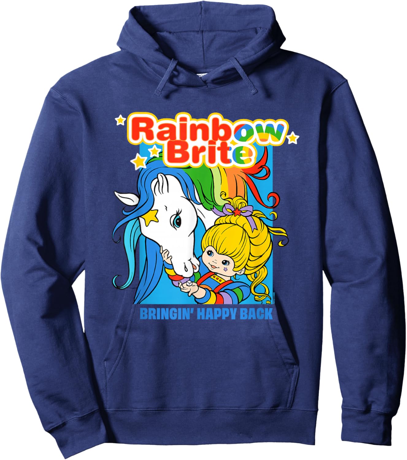 Rainbow Brite Bringin' Happy Back Colorful Retro Chest Logo Hoodie - Hoodie | Navy